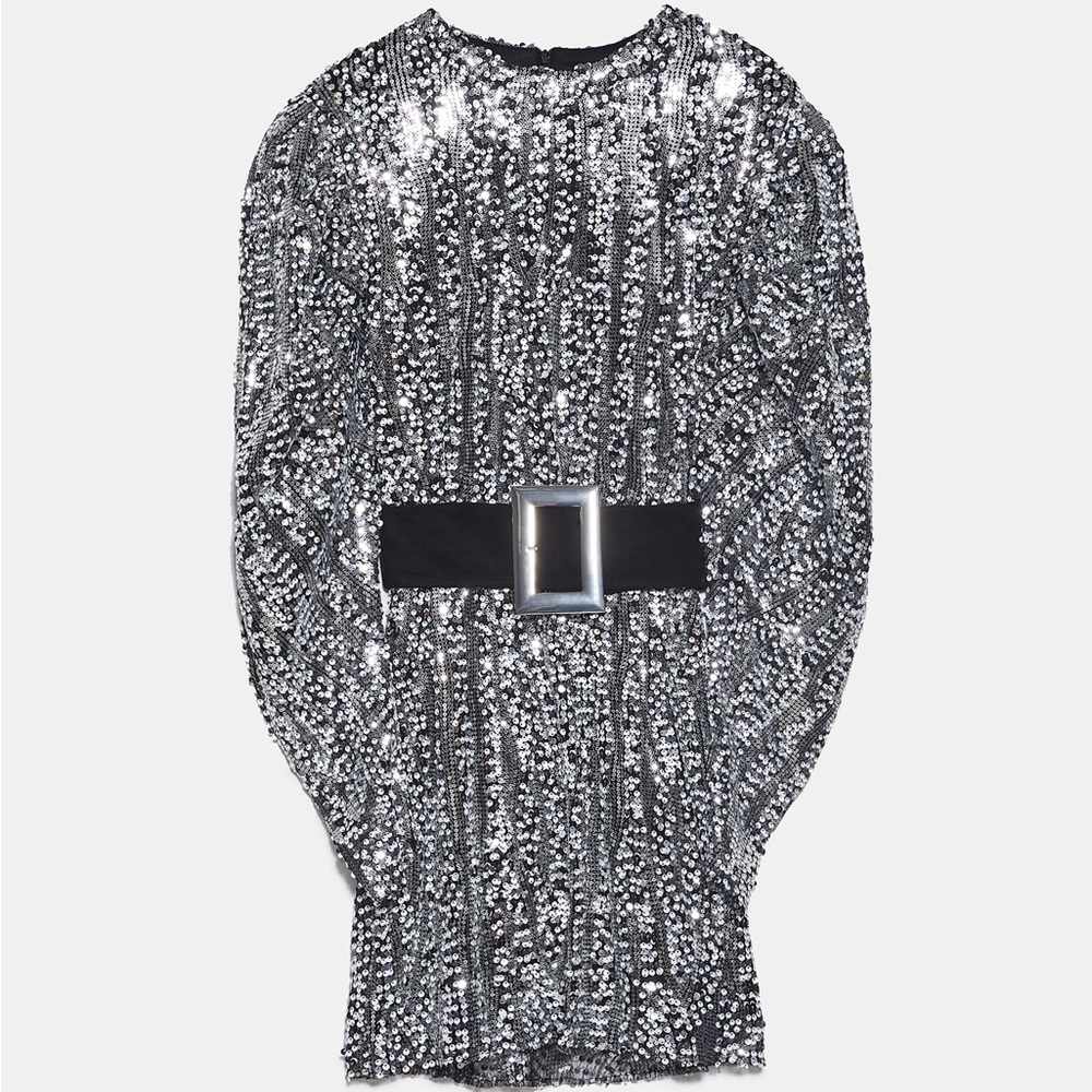 Zara White & Silver💎💎💎 Sequin Belted Mini Dress - Sz Large - NWT SALE - Picture 5 of 11